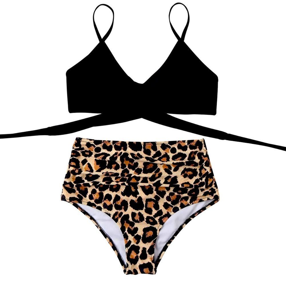 RUUHEE Women Criss Cross High Waisted String Leopard Print Bathing Suit​